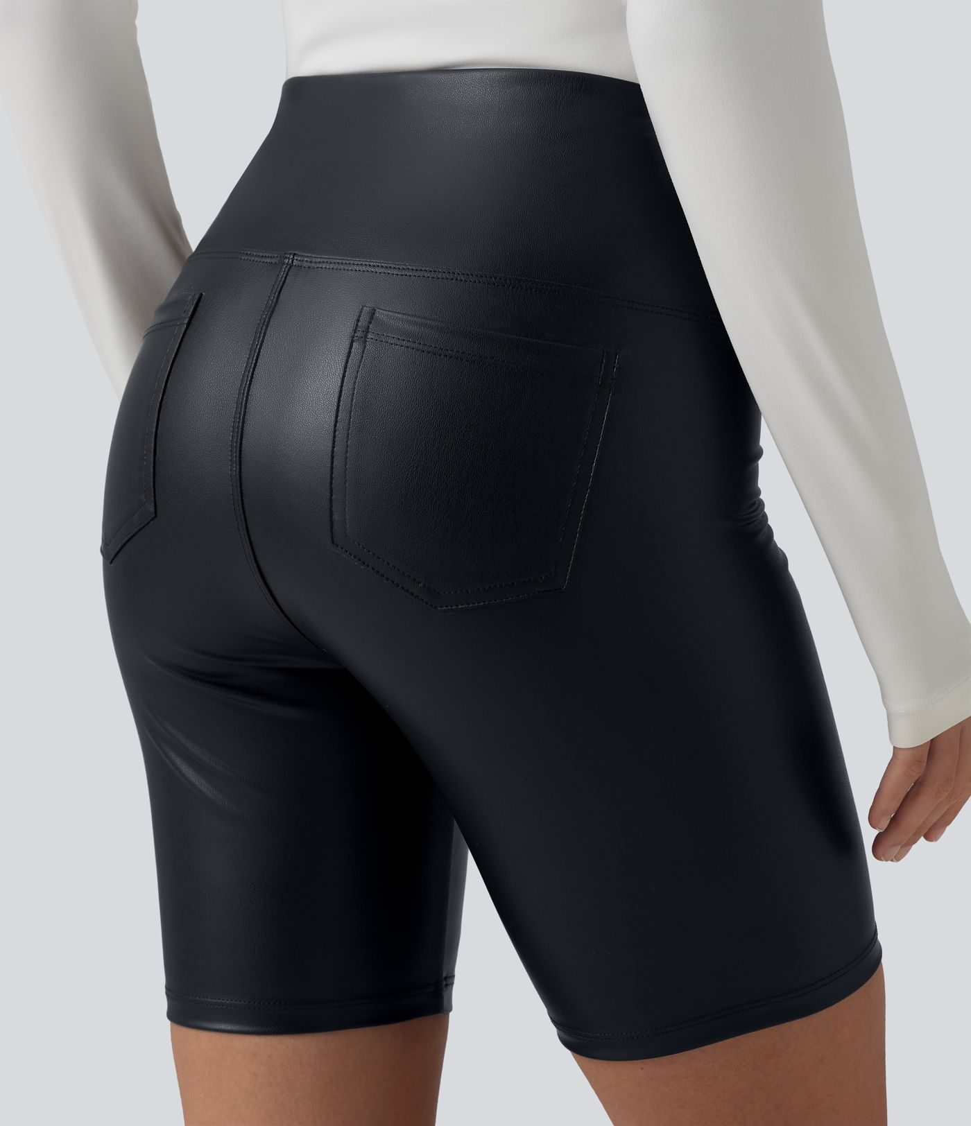 High Waisted Tummy Control Stretchy PU Casual Biker Shorts 7'' with Pockets