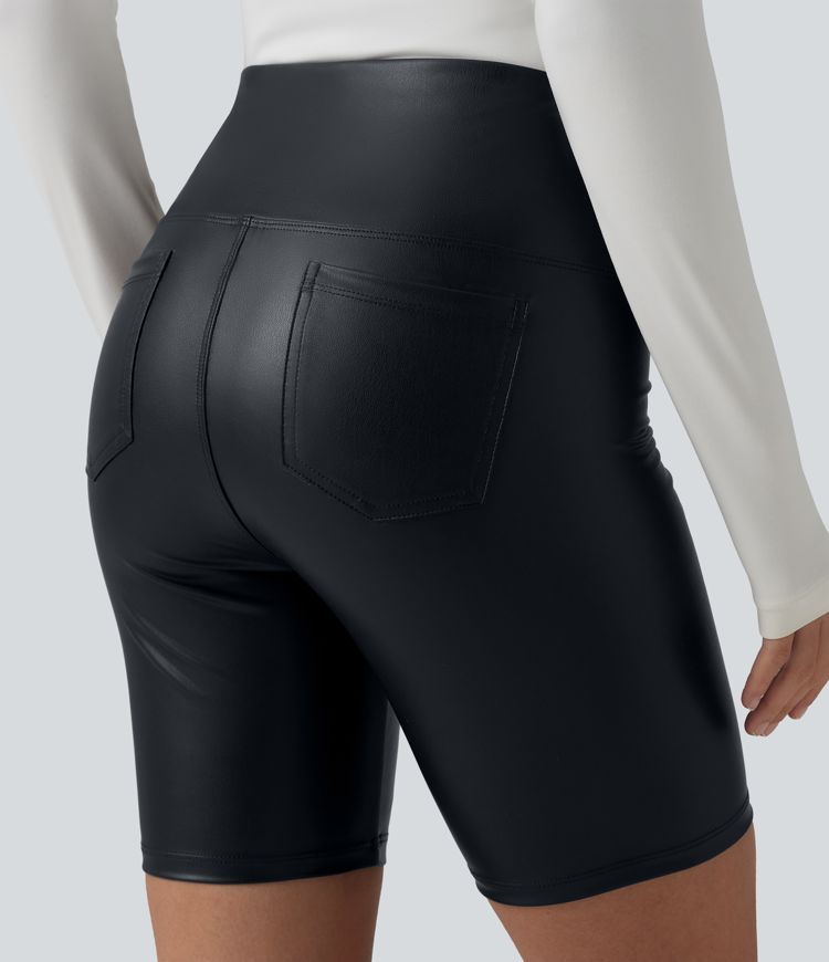 High Waisted Tummy Control Stretchy PU Casual Biker Shorts 7'' with Pockets