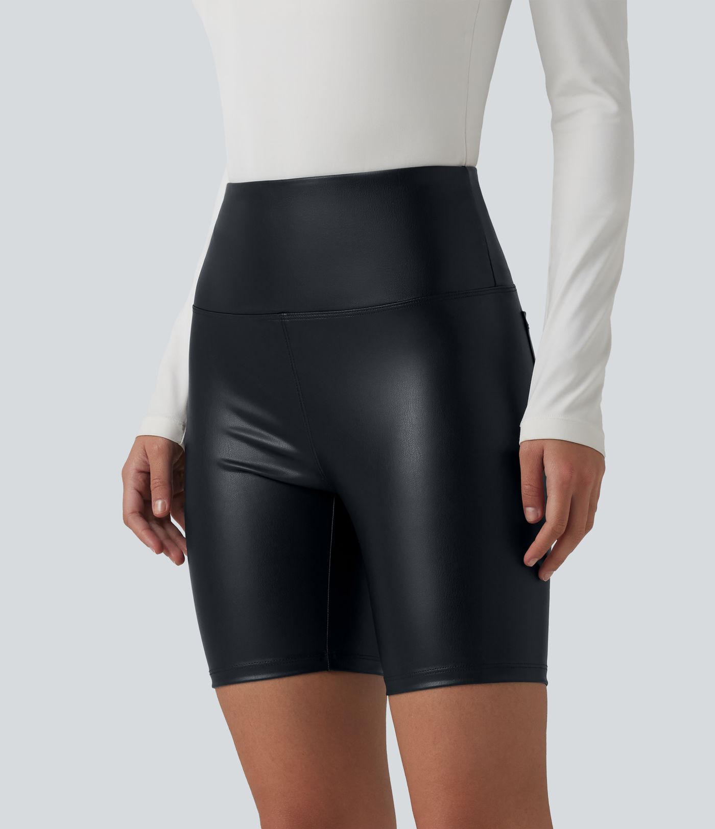 High Waisted Tummy Control Stretchy PU Casual Biker Shorts 7'' with Pockets