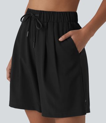 High Waisted Elastic Waistband Drawstring Pleated Yoga Shorts 7'' with Pockets