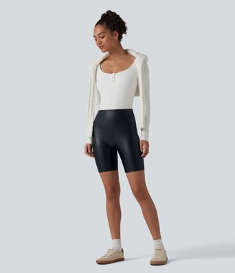 High Waisted Tummy Control Stretchy PU Casual Biker Shorts 7'' with Pockets