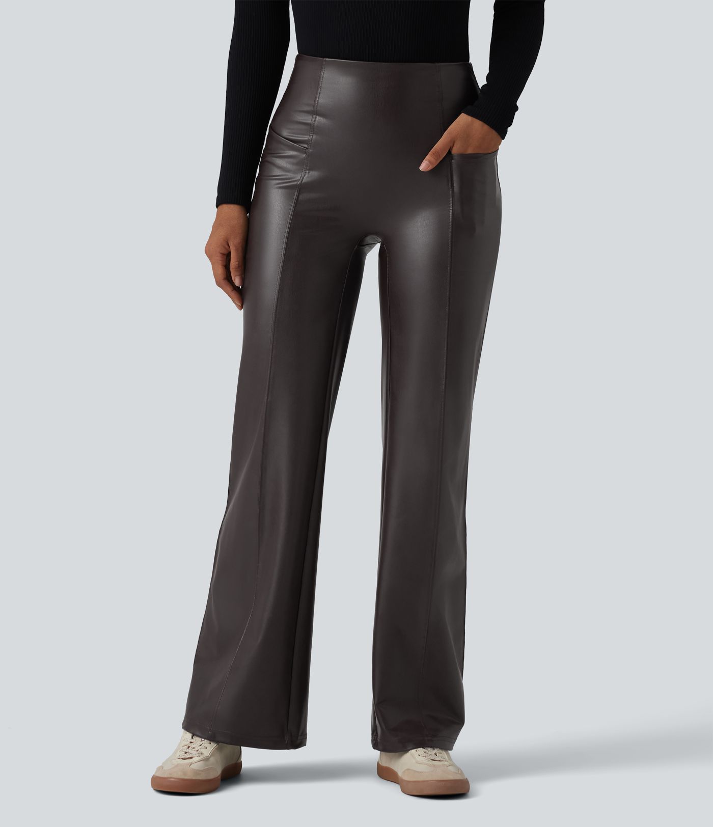 High Waisted Tummy Control Stretchy PU Casual Flare Pants with Pockets High Waisted Tummy Control Stretchy PU Casual Flare Pants with Pockets