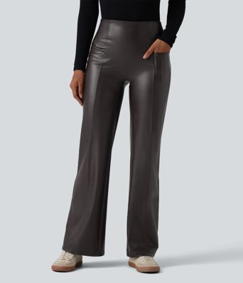 High Waisted Tummy Control Stretchy PU Casual Flare Pants with Pockets High Waisted Tummy Control Stretchy PU Casual Flare Pants with Pockets