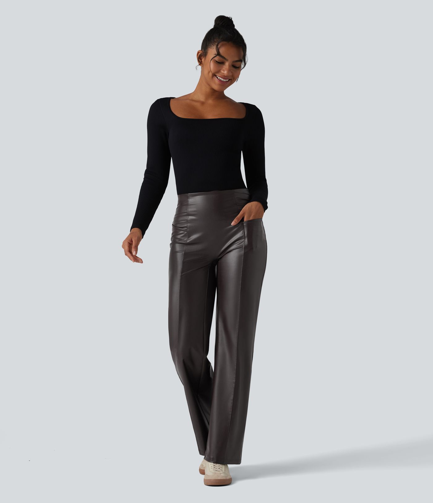 High Waisted Tummy Control Stretchy PU Casual Flare Pants with Pockets High Waisted Tummy Control Stretchy PU Casual Flare Pants with Pockets