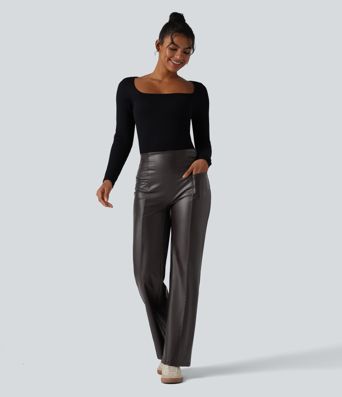 High Waisted Tummy Control Stretchy PU Casual Flare Pants with Pockets High Waisted Tummy Control Stretchy PU Casual Flare Pants with Pockets