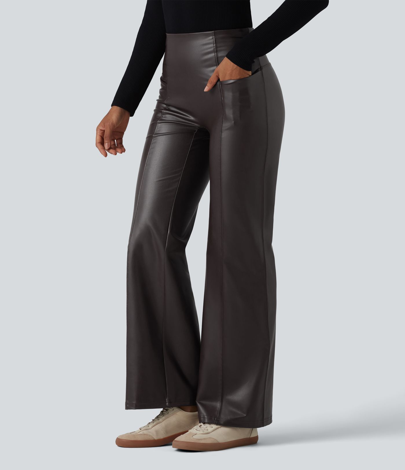 High Waisted Tummy Control Stretchy PU Casual Flare Pants with Pockets High Waisted Tummy Control Stretchy PU Casual Flare Pants with Pockets