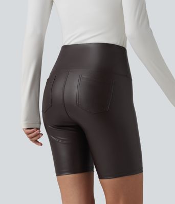 High Waisted Tummy Control Stretchy PU Casual Biker Shorts 7'' with Pockets High Waisted Tummy Control Stretchy PU Casual Biker Shorts 7'' with Pockets