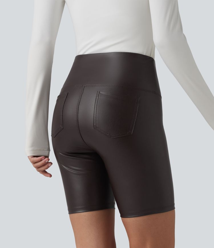 High Waisted Tummy Control Stretchy PU Casual Biker Shorts 7'' with Pockets High Waisted Tummy Control Stretchy PU Casual Biker Shorts 7'' with Pockets