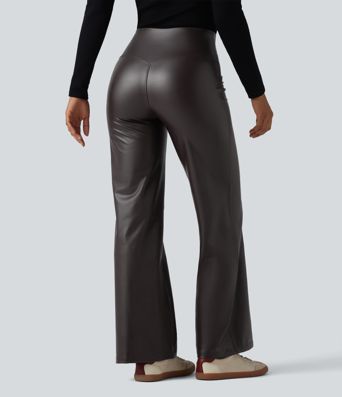 High Waisted Tummy Control Stretchy PU Casual Flare Pants with Pockets High Waisted Tummy Control Stretchy PU Casual Flare Pants with Pockets