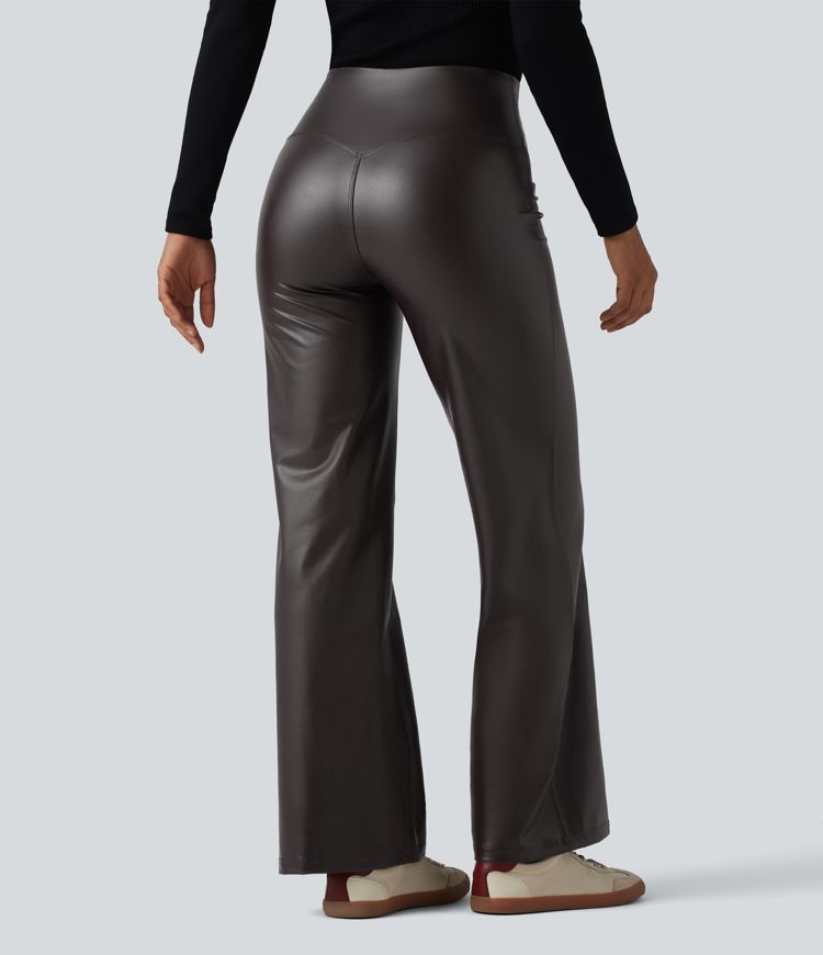 High Waisted Tummy Control Stretchy PU Casual Flare Pants with Pockets High Waisted Tummy Control Stretchy PU Casual Flare Pants with Pockets