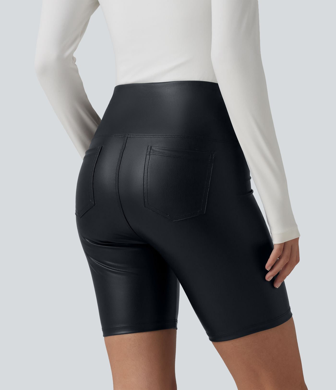 High Waisted Tummy Control Stretchy PU Casual Biker Shorts 7'' with Pockets