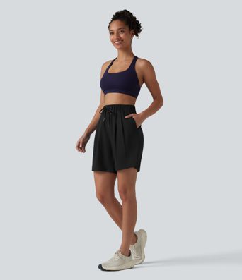 High Waisted Elastic Waistband Drawstring Pleated Yoga Shorts 7'' with Pockets