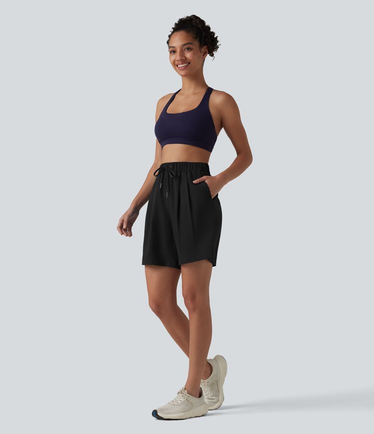 High Waisted Elastic Waistband Drawstring Pleated Yoga Shorts 7'' with Pockets