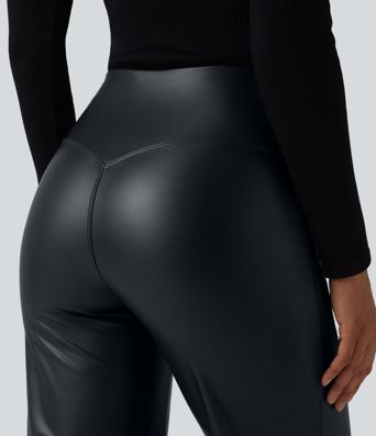High Waisted Tummy Control Stretchy PU Casual Flare Pants with Pockets