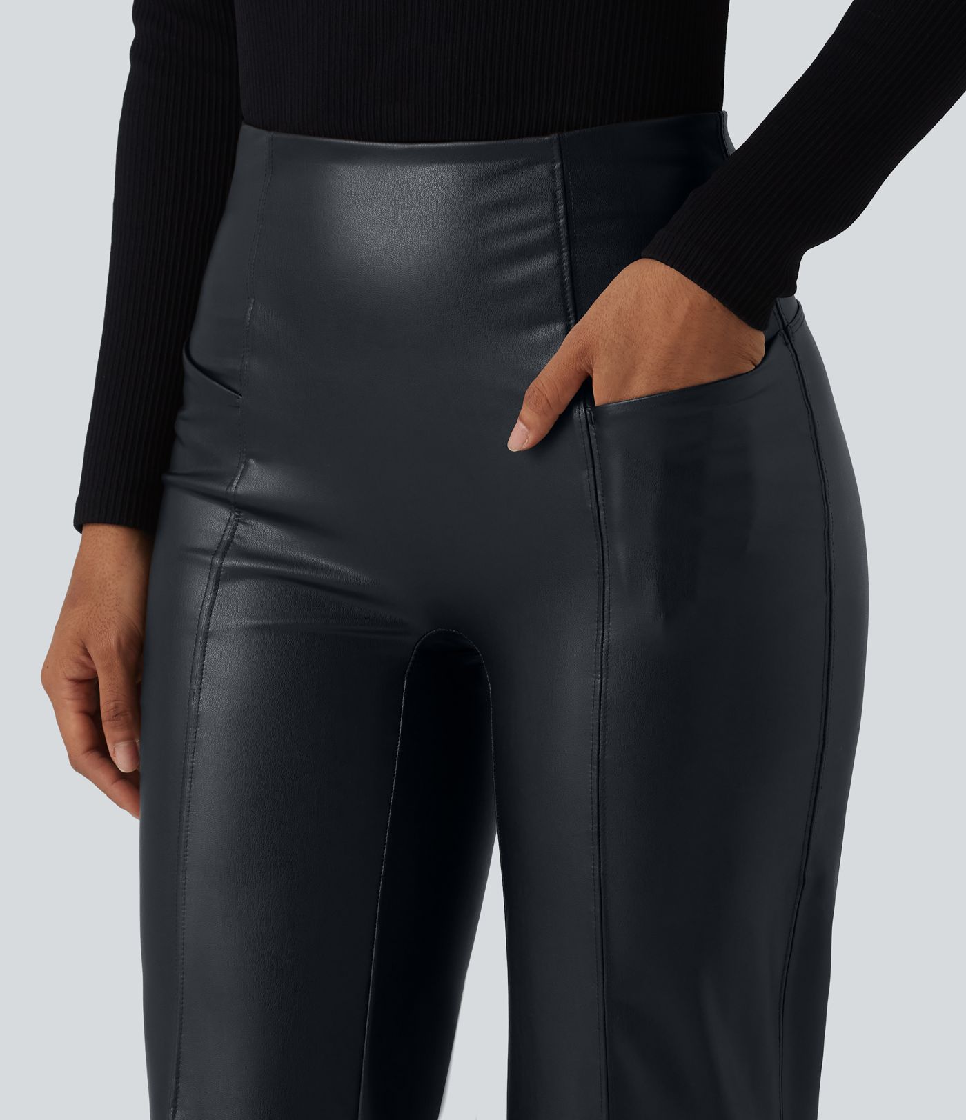 High Waisted Tummy Control Stretchy PU Casual Flare Pants with Pockets