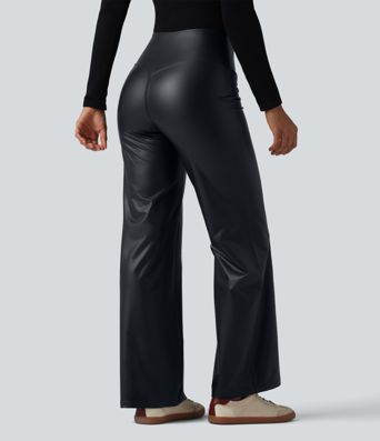 High Waisted Tummy Control Stretchy PU Casual Flare Pants with Pockets