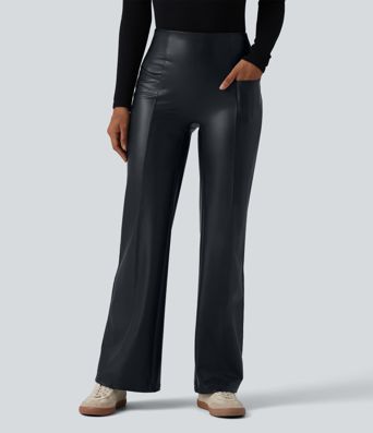 Pantalon casual évasé gainant taille haute en simili cuir extensible avec poches