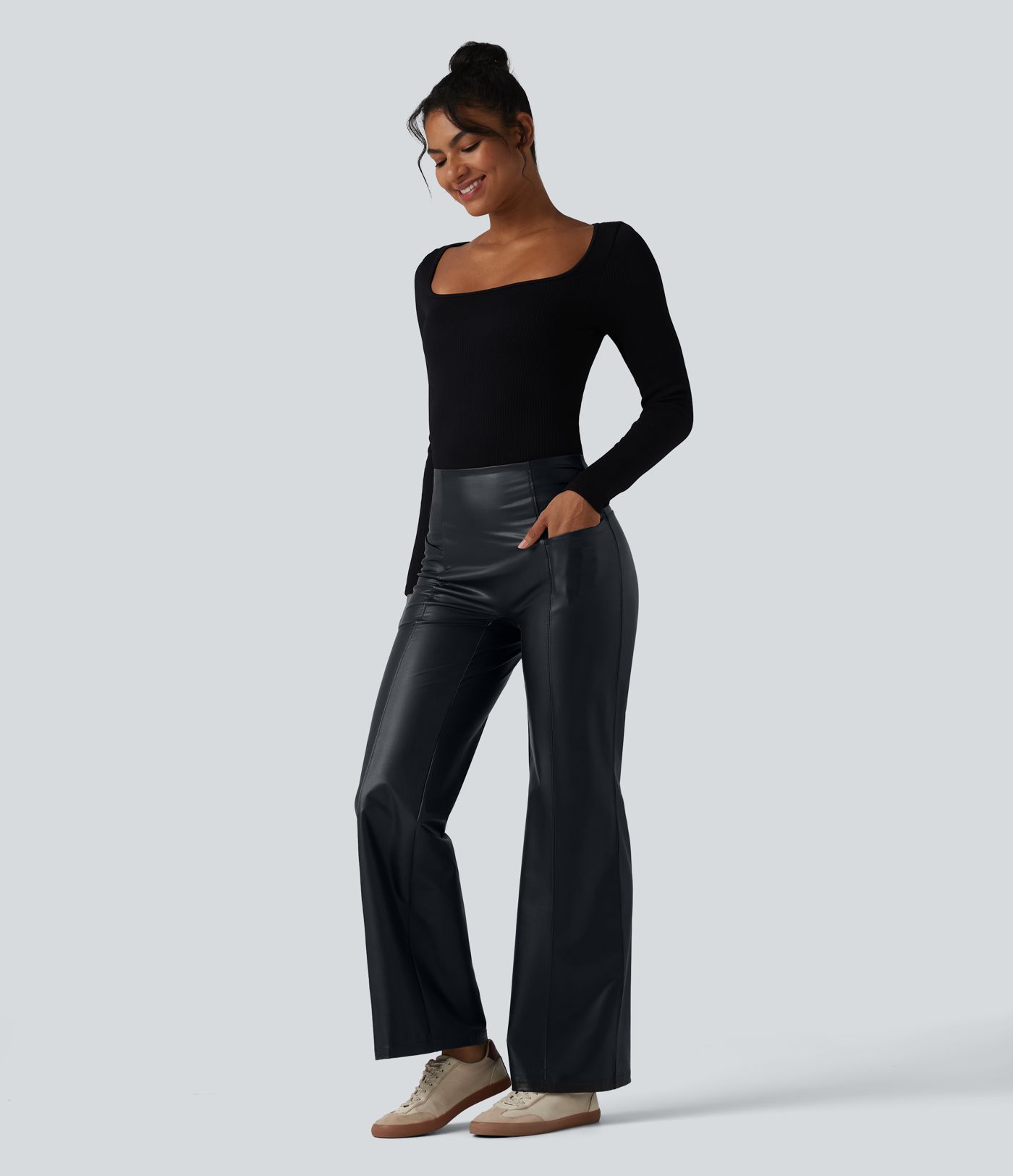 High Waisted Tummy Control Stretchy PU Casual Flare Pants with Pockets