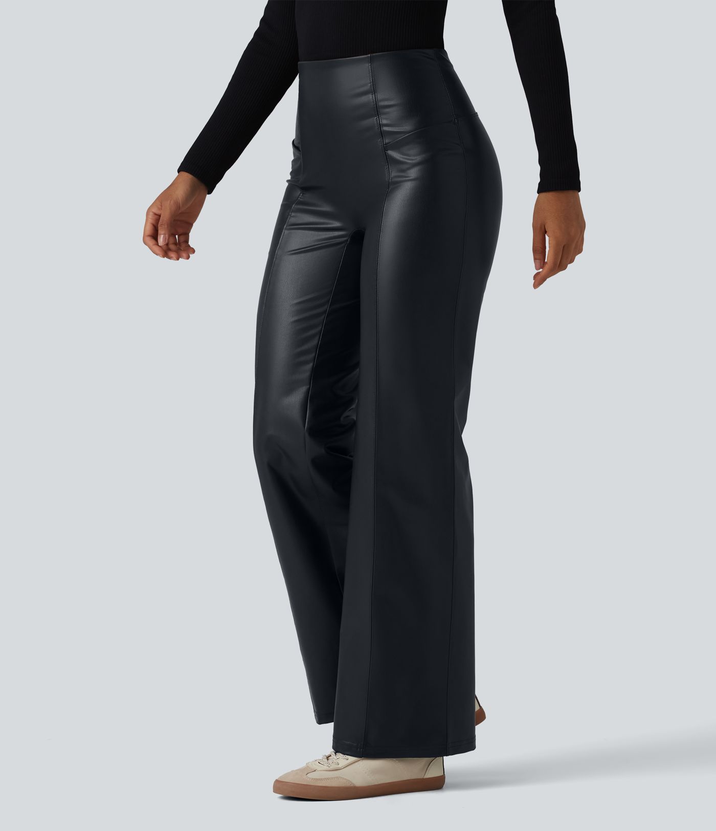 High Waisted Tummy Control Stretchy PU Casual Flare Pants with Pockets