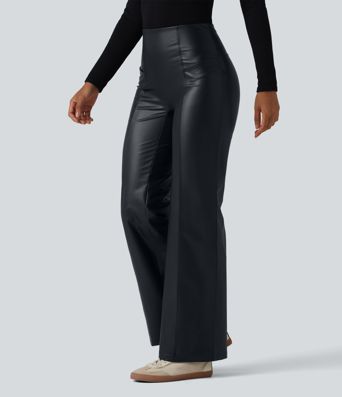 High Waisted Tummy Control Stretchy PU Casual Flare Pants with Pockets