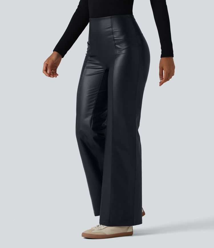 High Waisted Tummy Control Stretchy PU Casual Flare Pants with Pockets