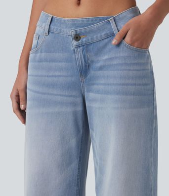 Halara Flex™ Asymmetric Low Rise Zipper Pockets Baggy Wide Leg Washed Casual Jeans