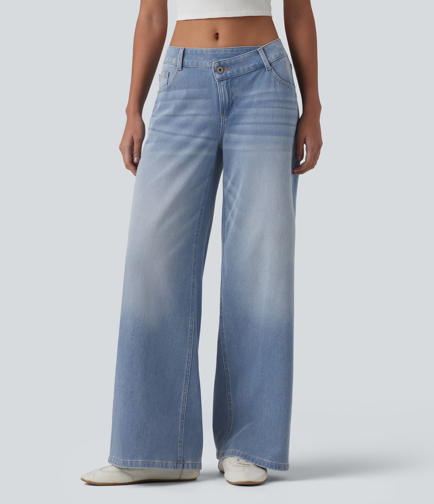 Halara Flex™ Asymmetric Low Rise Zipper Pockets Baggy Wide Leg Washed Casual Jeans