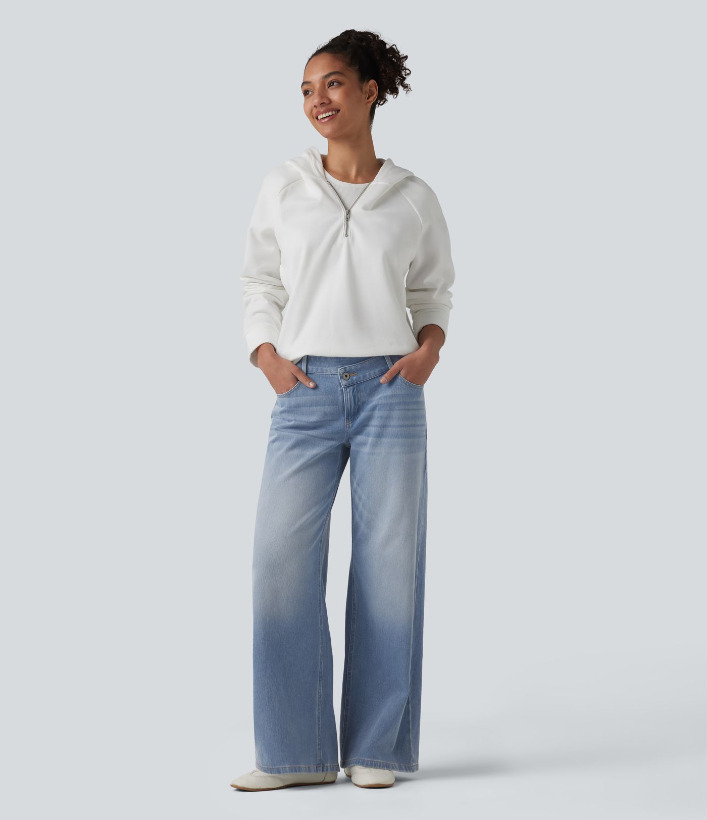 Halara Flex™ Asymmetric Low Rise Zipper Pockets Baggy Wide Leg Washed Casual Jeans