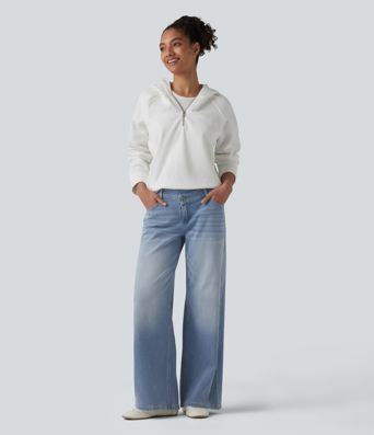 Halara Flex™ Asymmetric Low Rise Zipper Pockets Baggy Wide Leg Washed Casual Jeans