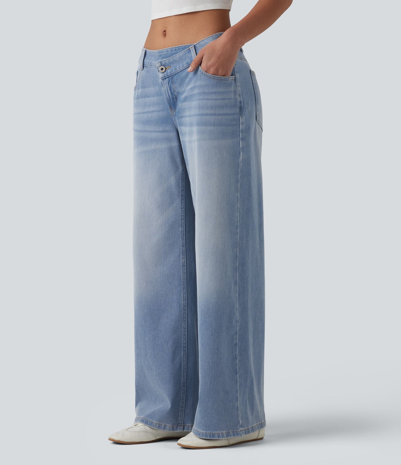 Halara Flex™ Asymmetric Low Rise Zipper Pockets Baggy Wide Leg Washed Casual Jeans