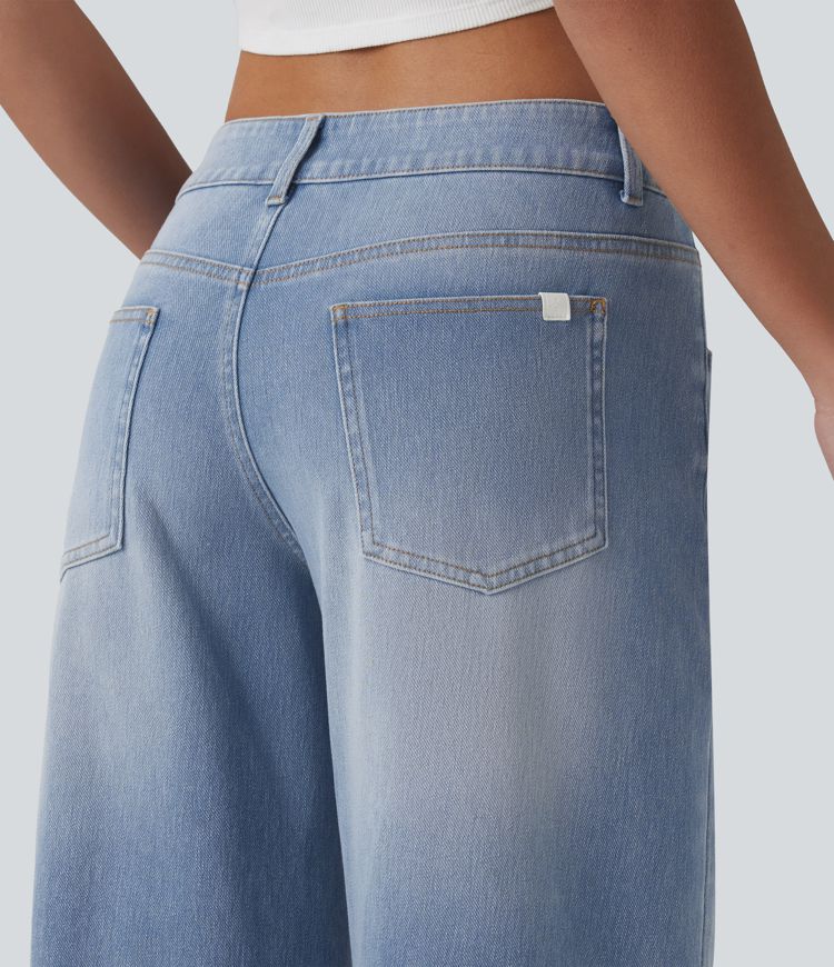 Halara Flex™ Asymmetric Low Rise Zipper Pockets Baggy Wide Leg Washed Casual Jeans