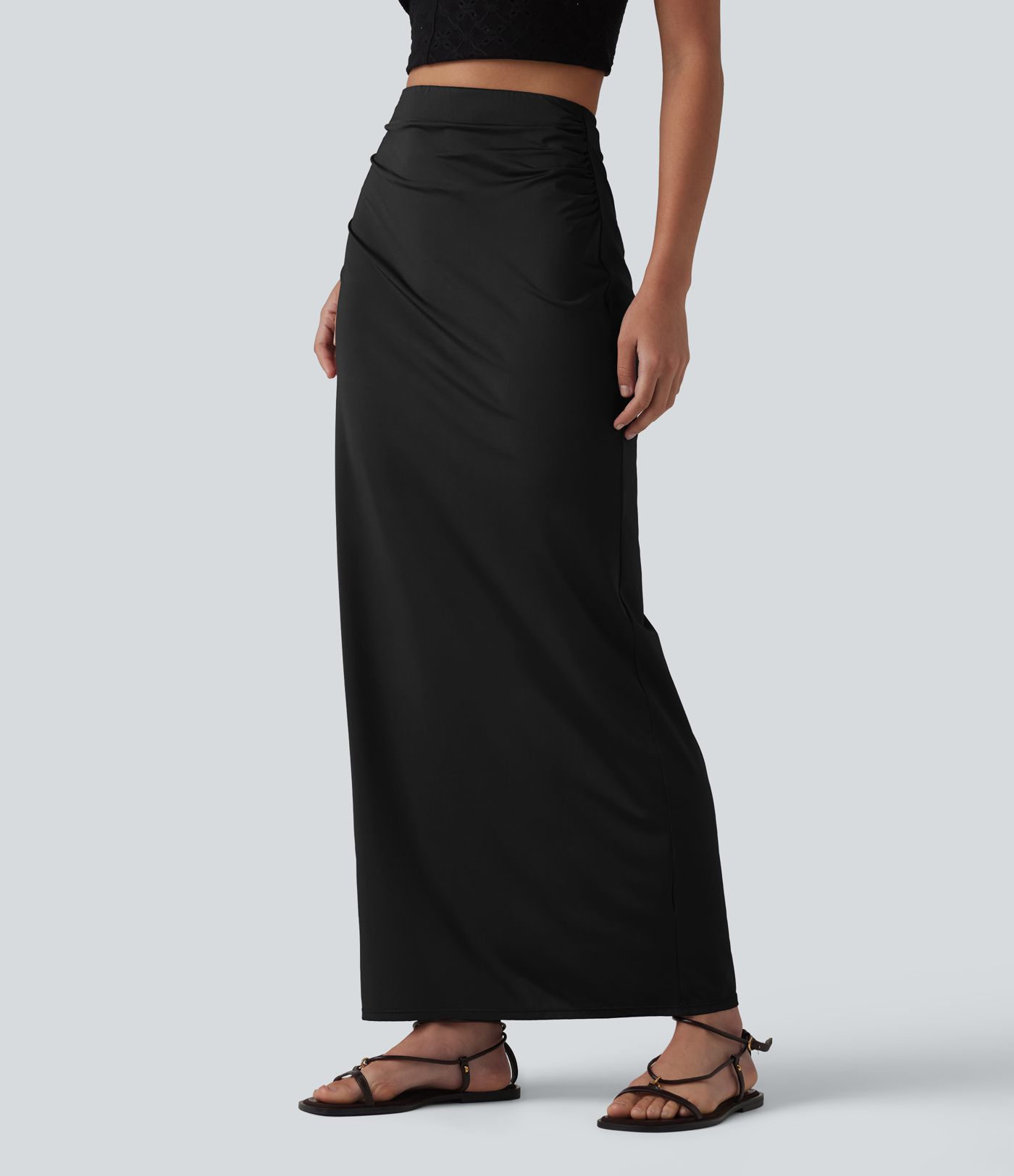 High Waisted Ruched Stretchy Satin-Like Cool Touch Maxi Casual Pencil Skirt