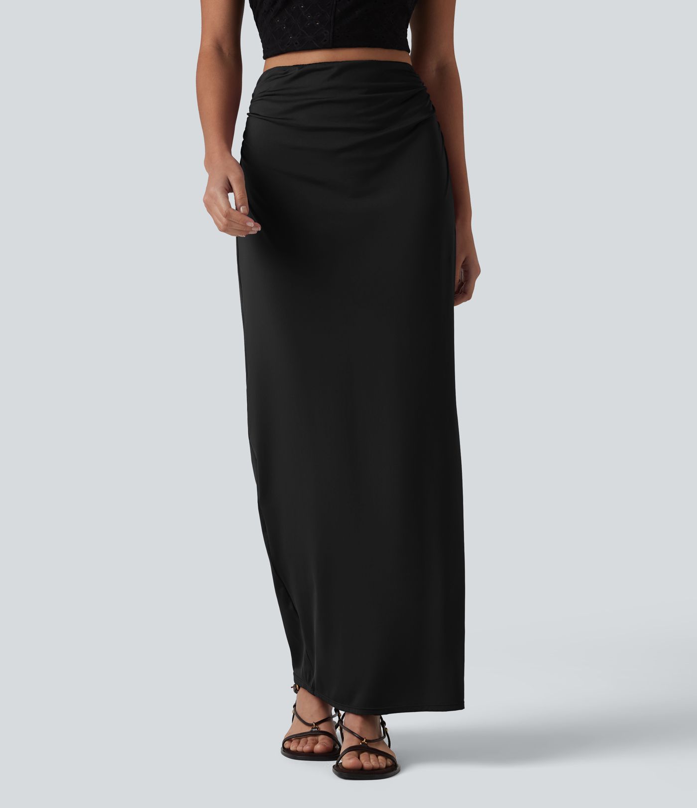 High Waisted Ruched Stretchy Satin-Like Cool Touch Maxi Casual Pencil Skirt