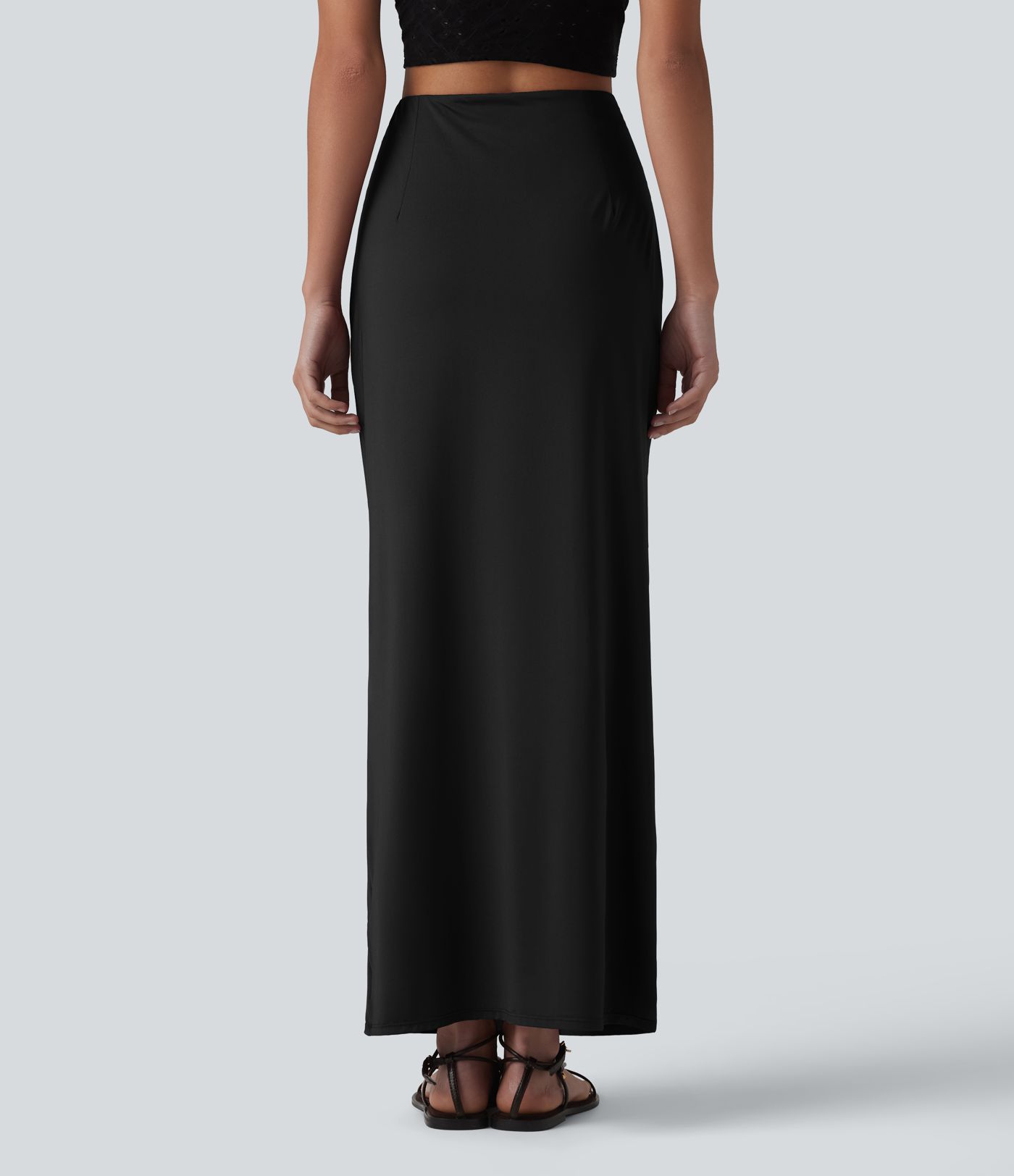 High Waisted Ruched Stretchy Satin-Like Cool Touch Maxi Casual Pencil Skirt