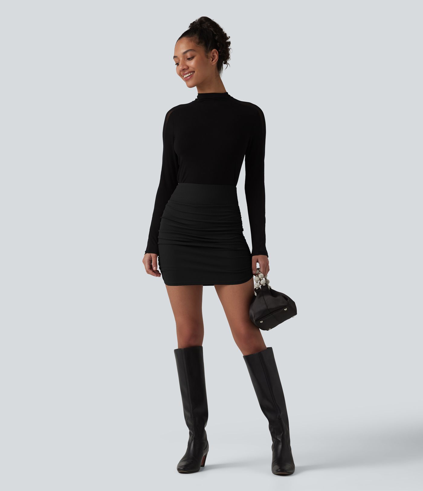 Ribbed High Waisted Tummy Control Ruched Curved Hem 2-in-1 Mini Bodycon Party Skirt