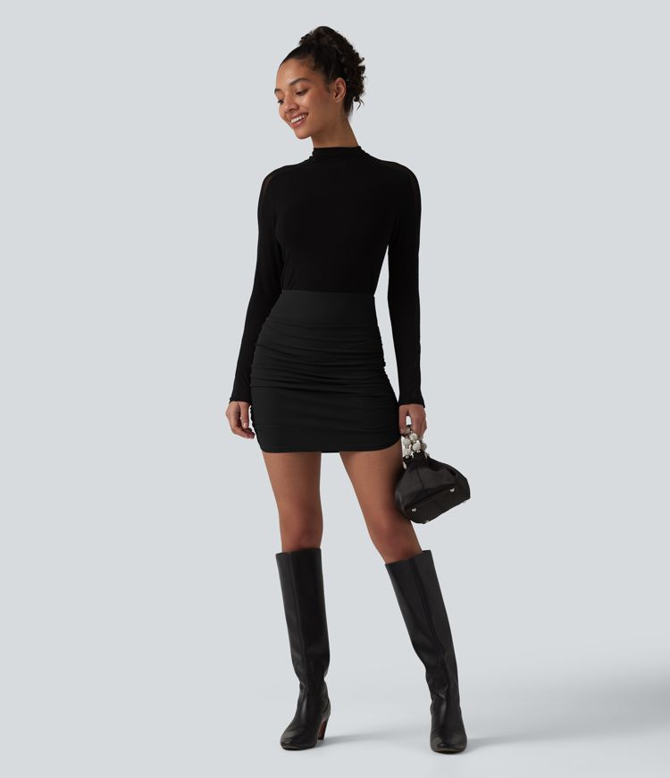 Ribbed High Waisted Tummy Control Ruched Curved Hem 2-in-1 Mini Bodycon Party Skirt