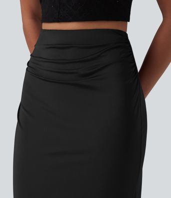 High Waisted Ruched Stretchy Satin-Like Cool Touch Maxi Casual Pencil Skirt