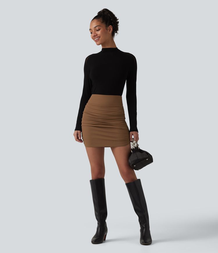 Jupe moulante courte 2-en-1 taille haute ventre plat en maille côtelée avec fronces et ourlet arrondi