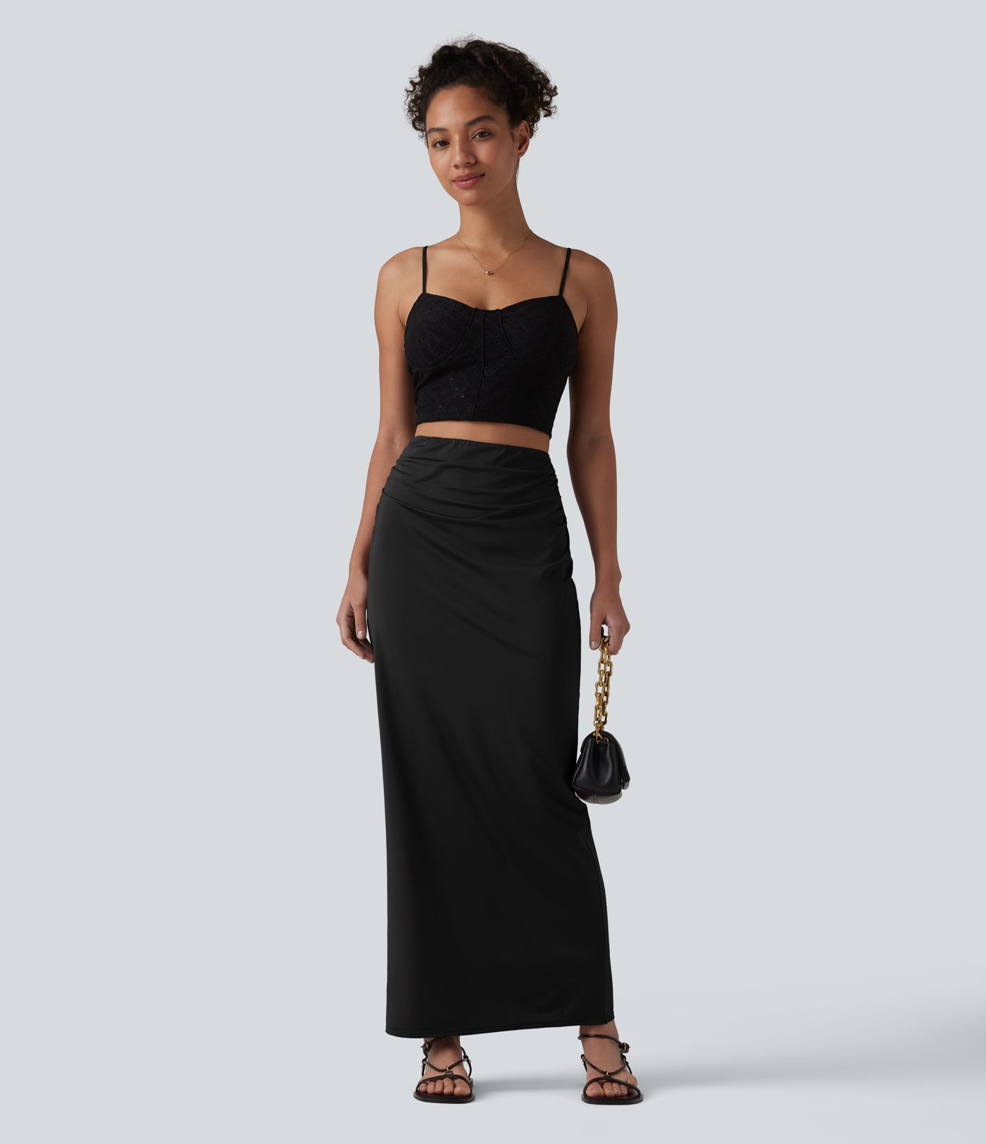 High Waisted Ruched Stretchy Satin-Like Cool Touch Maxi Casual Pencil Skirt