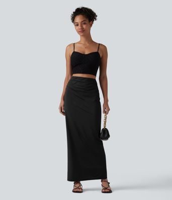 High Waisted Ruched Stretchy Satin-Like Cool Touch Maxi Casual Pencil Skirt