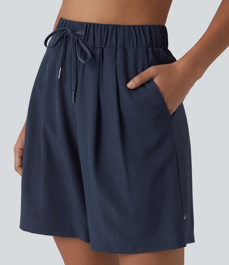 High Waisted Elastic Waistband Drawstring Pleated Yoga Shorts 7'' with Pockets