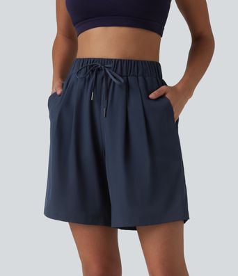 High Waisted Elastic Waistband Drawstring Pleated Yoga Shorts 7'' with Pockets