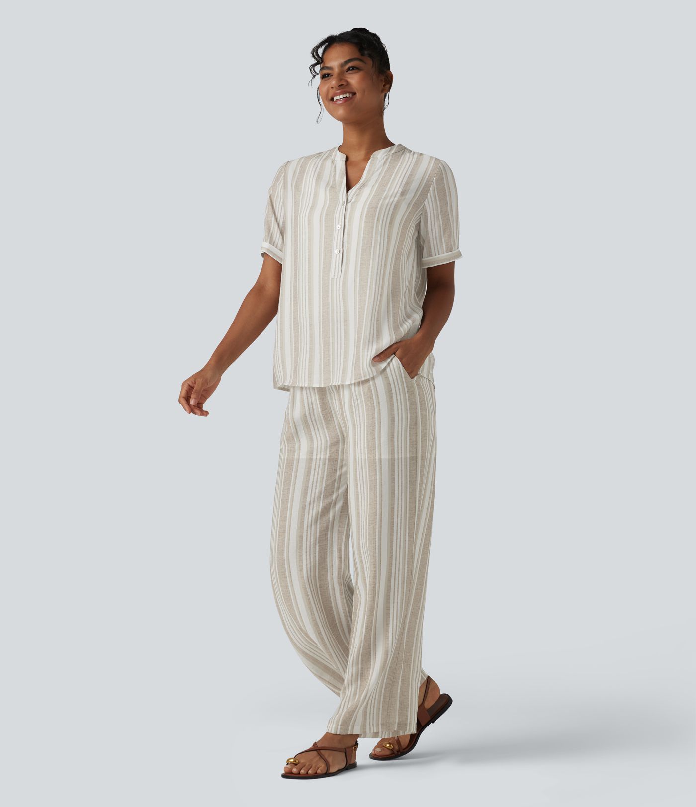 Pantalon casual large rayé taille haute avec poches