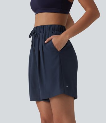 High Waisted Elastic Waistband Drawstring Pleated Yoga Shorts 7'' with Pockets