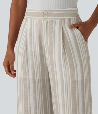 Pantalon casual large rayé taille haute avec poches