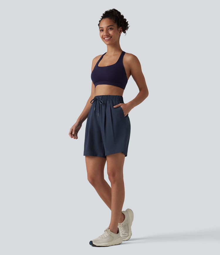 High Waisted Elastic Waistband Drawstring Pleated Yoga Shorts 7'' with Pockets