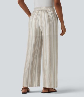 Pantalon casual large rayé taille haute avec poches