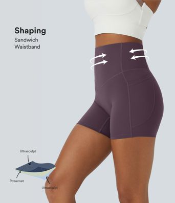 Halara UltraSculpt™ SoCinched Pantalones cortos de ciclismo de cintura alta con control de abdomen, bolsillos laterales y entrenamiento 5''