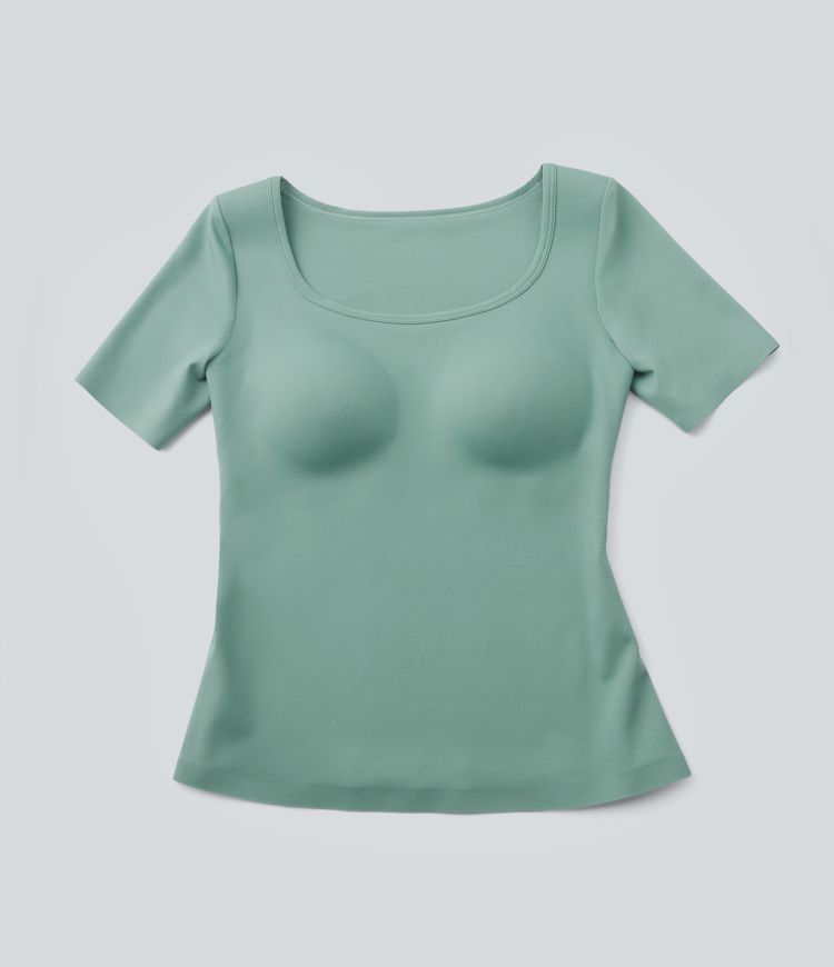 Scoop Neck Short Sleeve Built-in Bra Casual T-Shirt B-E Cups
