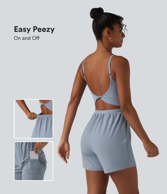 SoftlyZero™ Airy Twisted Backless Adjustable Straps 2-in-1 Built-in Bra Cool Touch Yoga Romper with Pocket-Easy Peezy